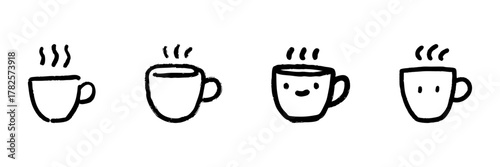 Four Coffee Cups Line Icon Set In Doodle Style. Warm Beverage Enjoyment And Morning Routine Outline Sketch Collection. Hand Drawn Isolated Vector Illustration