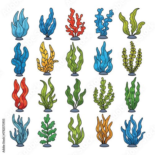 Collection of colorful artificial aquarium plants and corals in various shapes and sizes on white background