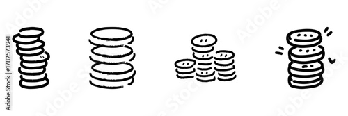 Stacked Coins Line Icon Set In Doodle Style. Financial Growth, Savings, And Wealth Accumulation Outline Sketch Collection. Economic Prosperity Symbols. Hand Drawn Isolated Vector Illustration