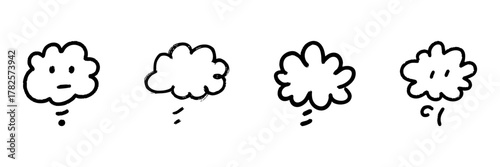 Cloud Faces Line Icon Set In Doodle Style. Emotional Expression And Mood Representation Outline Sketch Collection. Cartoon Cloud Characters. Hand Drawn Isolated Vector Illustration