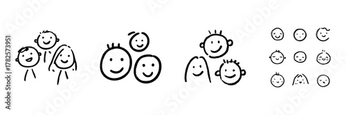 Group Of Happy Faces Line Icon Set In Doodle Style. Family, Friendship, And Community Connection Outline Sketch Collection. Smiling Characters. Hand Drawn Isolated Vector Illustration