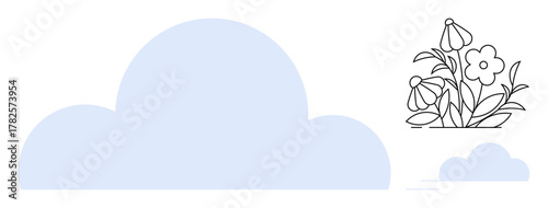 Large pastel cloud with delicate floral sketch. Ideal for minimalism, nature, serenity, beauty, relaxation, eco themes, balance. Reflects harmony in simple flat metaphor