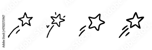 Shooting Star Line Icon Set In Doodle Style. Celestial Motion, Inspiration, And Wish Fulfillment Outline Sketch Collection. Hand Drawn Isolated Vector Illustration