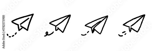 Paper Airplane Line Icon Set In Doodle Style. Communication, Messaging, And Creativity Outline Sketch Collection. Symbol Of Ideas And Innovation. Hand Drawn Isolated Vector Illustration