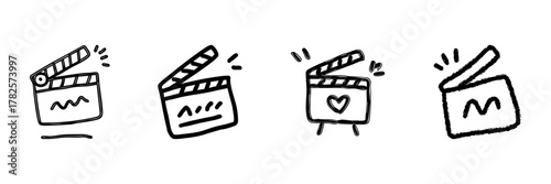 Film Clapperboard Line Icon Set In Doodle Style. Movie Production, Filmmaking, And Cinema Industry Outline Sketch Collection. Entertainment Symbols. Hand Drawn Isolated Vector Illustration