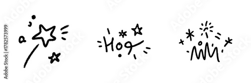 Magic Wand, Hooray, And Celebration Line Icon Set In Doodle Style. Enchantment, Joyful Expression, And Festive Atmosphere Outline Sketch Collection. Hand Drawn Isolated Vector Illustration