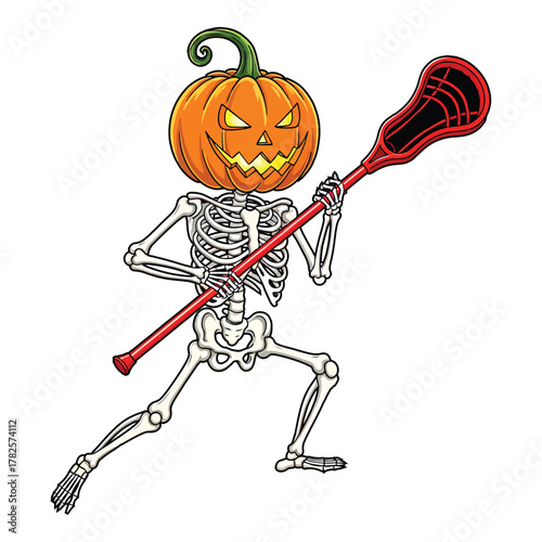 Spooky skeleton character with jack o lantern head holding a lacrosse stick ready to play