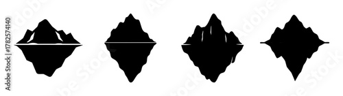 Four stylized black diamond-shaped icebergs with reflected underwater portions displayed horizontally