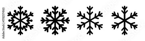 Four unique black snowflake icons representing winter cold and frozen nature