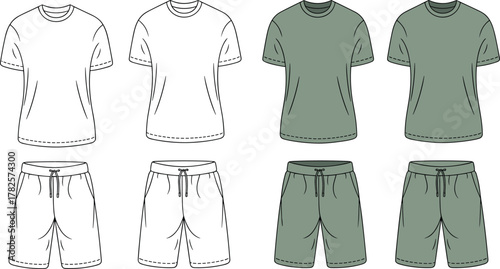 Blank t shirt and shorts front and back view, fashion vector template, casual unisex outfit design, summer clothing mockup illustration