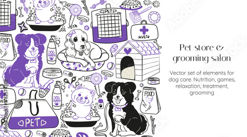  Vector frame of veterinary products with dogs. Collection of pet care products. Graphic elements for feeding, treatment, care, games, and recreation for puppies
