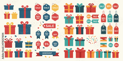 Vibrant collection of flat design gift boxes and promotional sale tags, perfect for holiday shopping, discounts, and celebration graphics