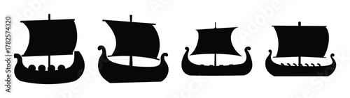 Four black silhouette viking longships in a row historical maritime vessels for design