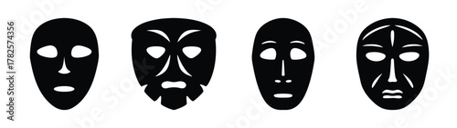 Four distinct tribal masks with black features and white accents displayed side by side