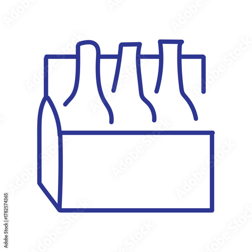 Simple blue outline illustration of a six-pack of bottles in a carrier.