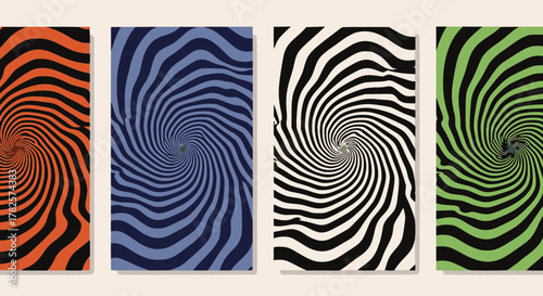 Set of four vertical poster backgrounds with bold, wavy, hypnotic vector swirl patterns creating an optical illusion effect, rendered in vibrant orange, blue, black, white, and green color combination