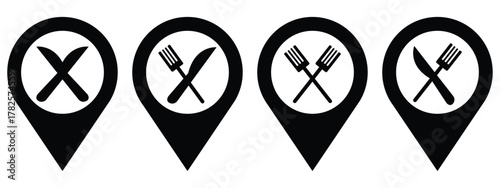 Minimalist Black and White Dining Set Vector – Crossed Fork and Spoon Silhouettes, Cutlery and Kitchen Utensils Icons