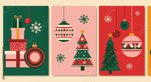 Set of four vertical vector mid-century modern Christmas card templates. Geometric flat design featuring stacked gifts, stylized trees, and hanging ornaments on festive backgrounds