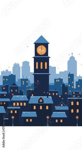 Flat vector snowy city street with glowing “2026” on clocktower, calm winter night in phantom blue and amber tones, urban festive silhouette on white