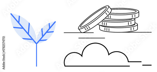 Blue leaf, coin stack, and cloud sketch representing sustainability, economy, ecology, eco-finance, environment, renewable energy and growth themes. Ideal for presentations infographics