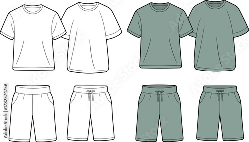 Blank t shirt and shorts mockup set, casual outfit template, front view, editable design, vector fashion illustration, apparel concept, unisex clothing design
