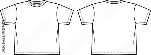 Blank short sleeve t-shirt front and back flat sketch, fashion vector template for unisex clothing design, casual apparel illustration