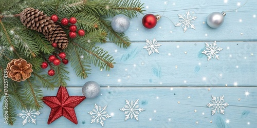 Festive Christmas Pine Branches With Ornaments And Snowflakes Decoration Copy Space Background.