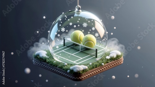 Miniature tennis court and balls inside a glass Christmas ornament.