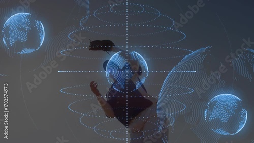 Athlete tracking ball to catch, jumping and securing glove as holo globes layering around in sports