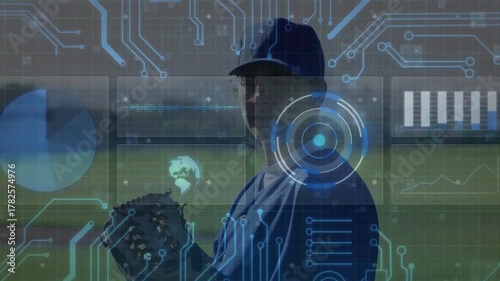 Baseball player shifting glove as translucent HUD fades in, displaying pitch analytics with charts