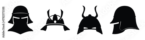 Collection of four distinct samurai helmets showcasing traditional japanese warrior headwear designs