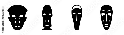 Four tribal masks collection distinct styles traditional art form ancient cultural symbols graphic representations