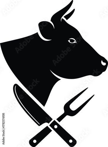 Rustic cow head with crossed butcher knife and fork emblem