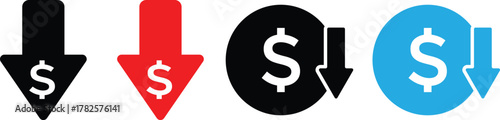 Cost reduction icon. price lower arrow. Price Reduction sign. Save Money symbols. Cost Cutting Icons. Money Saving Graphic designs