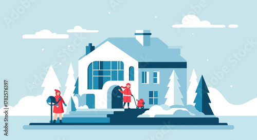 Winter scene of people clearing snow from a house with trees and a mailbox in a flat vector style illustration with a cool color palette creating a peaceful and serene holiday atmosphere