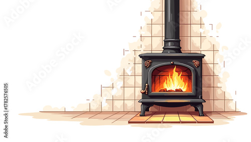 Tiled stove with fire in black cast iron design near tiled wall concept of vintage domestic warmth and comfort