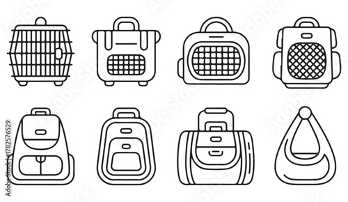 Travel and lifestyle vector icon set with backpacks, suitcases, and bags in modern clean outline style