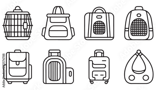 Vector line illustration of backpacks, cases, and travel bags for tourism, holiday, and adventure design projects