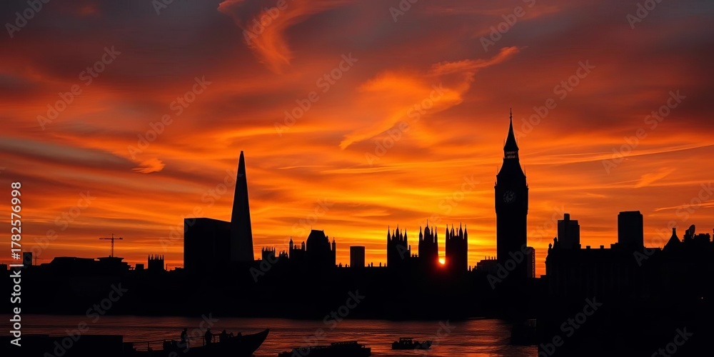 Naklejka premium Iconic London skyline silhouette at sunset, dark against fiery sky, element, photography