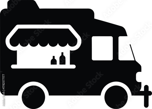 Simple black silhouette of a food truck with an awning