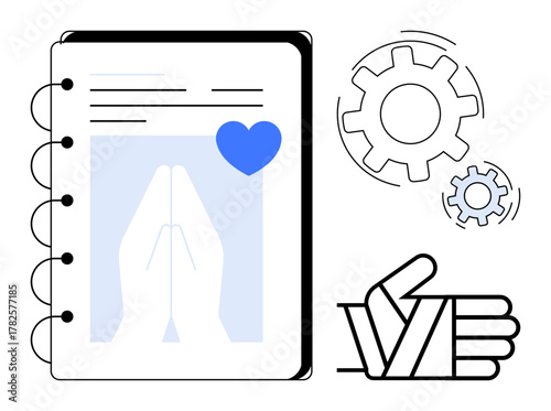 Notebook featuring prayer hands and heart, surrounding gears and thumbs-up symbolizing collaboration, faith, and positive motivation. Ideal for teamwork, spirituality, gratitude, support