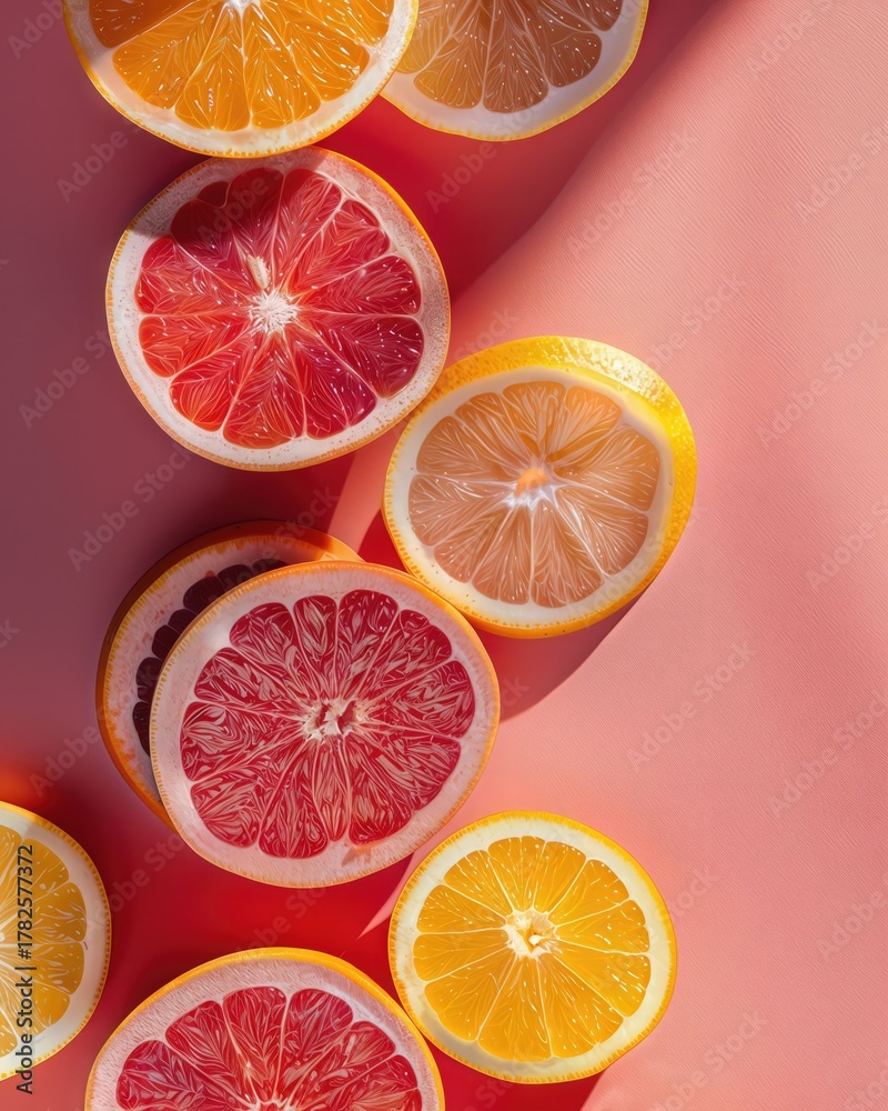 Fototapeta premium Fresh citrus slices on pink background with soft sunlight
