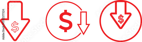 Cost reduction icon price lower arrow. Price Reduction sign. Save Money symbols. Money Saving Graphic designs. Cost Cutting Icons
