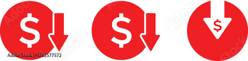 Cost reduction icon price lower arrow. Price Reduction sign. Save Money symbols. Money Saving Graphic designs. Cost Cutting Icons
