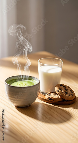 Steaming Matcha Tea with Milk and Cookies