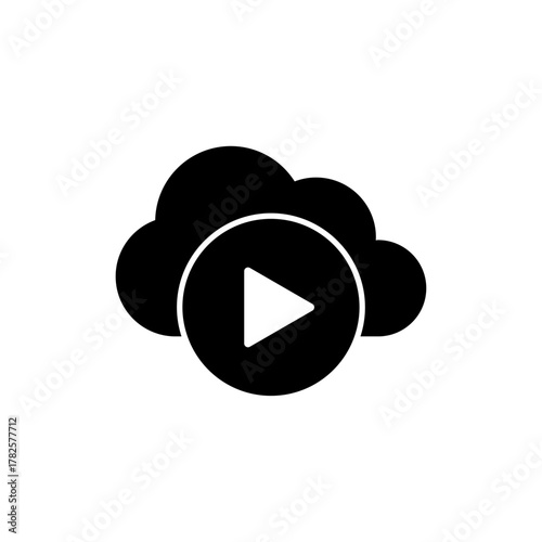 Solid Style Play Button Symbol Inside Cloud Server