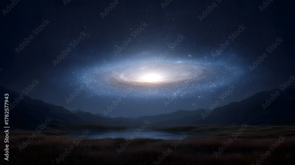 Fototapeta premium A brilliant swirling galaxy hangs in the dark star filled night sky above a tranquil landscape with rolling hills and a still body of water