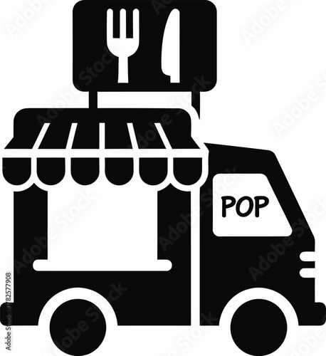 Simple black and white icon of a food truck with utensils sign