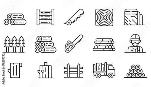 Outline vector set of lumber, timber, and forestry equipment icons representing cutting, transport, and processing tools