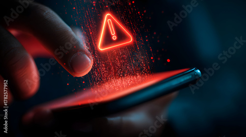 SMS spam, fake text message phishing from scammer concept, System hacked red warning alert, email hack, scam malware spreading virus on message alert virtual on mobile phone screen in person hand